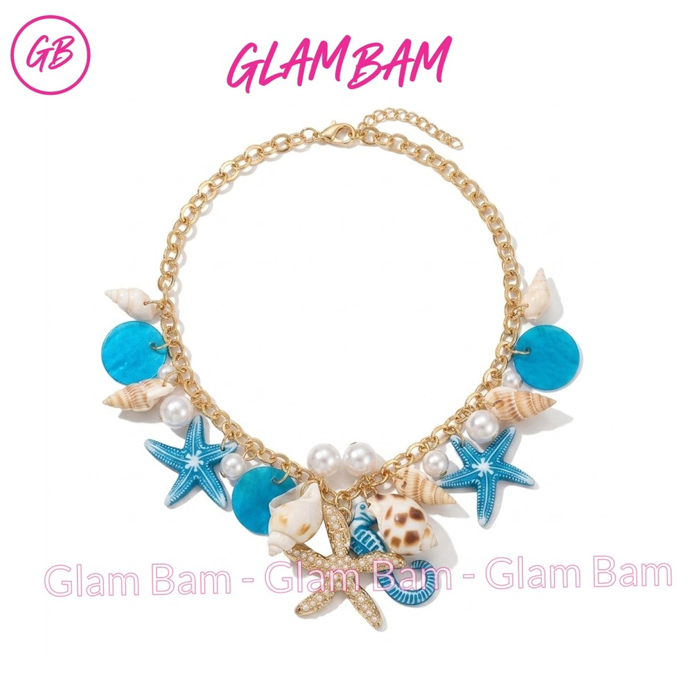 Boho Beach Seashell Starfish Seahorse Choker Necklace Faux Pearl Blue Gold